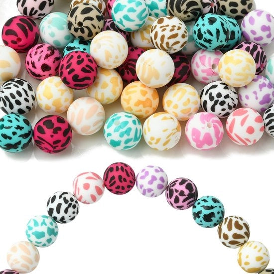 Accessori in silicone 50 pezzi a 15mm con disegno di leopardo, maniglie tondeggianti in gomma con effetto bubbina, per DIY gioielli, collane, bracciali, portachiavi, decorazioni.