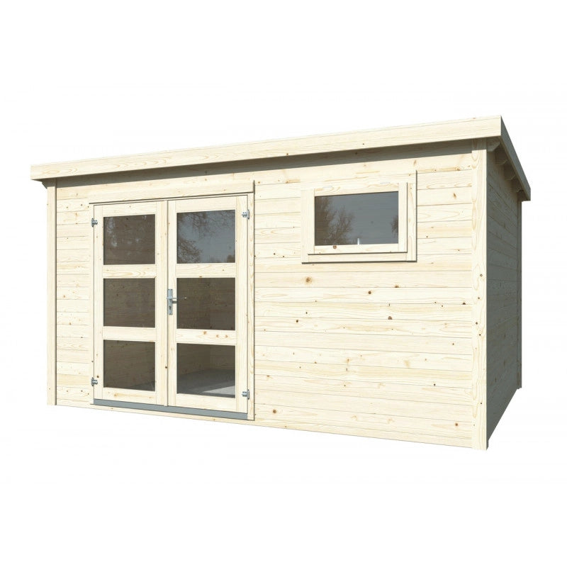 Casetta da giardino in legno 385x282 cm, pareti 28 mm grezze con porta doppia e finestra, per deposito attrezzi esterno - Esterni da Vivere