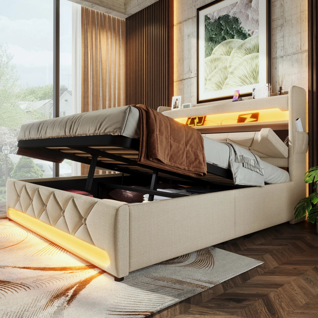 Letto Contenitore Imbottito Matrimoniale con LED e USB ¨C MINIMAL ¨C Beige 140x190
