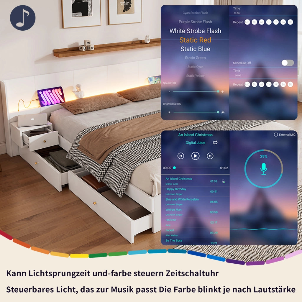 LETTO Matrimoniale 180x200 cm MDF Bianco con USB, LED, 2 comodini e cassetti