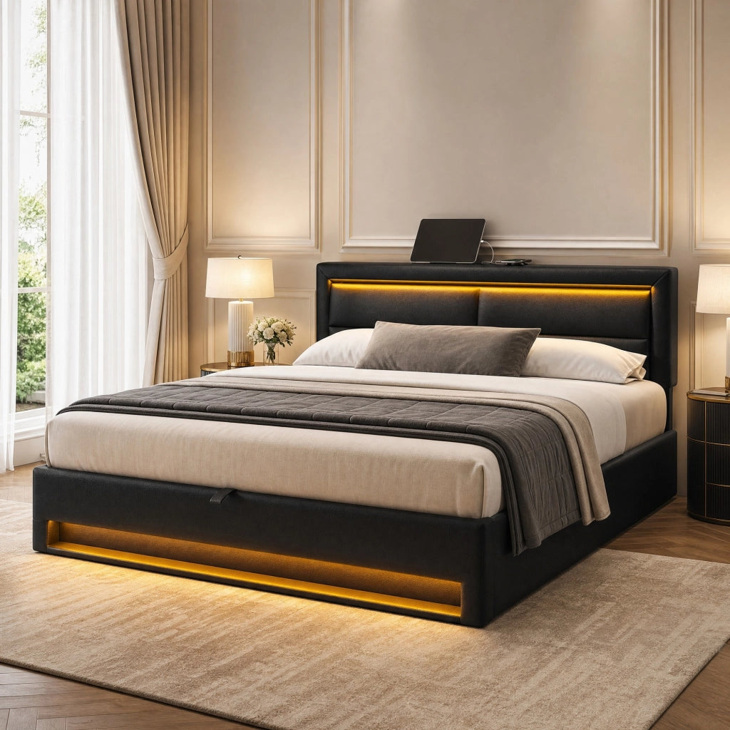LETTO Imbottito 160x200 cm PU Nero con USB, LED e vano contenitore