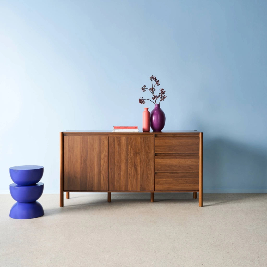 Credenza decorazione legno 2 ante 3 cassetti 150cm, noce