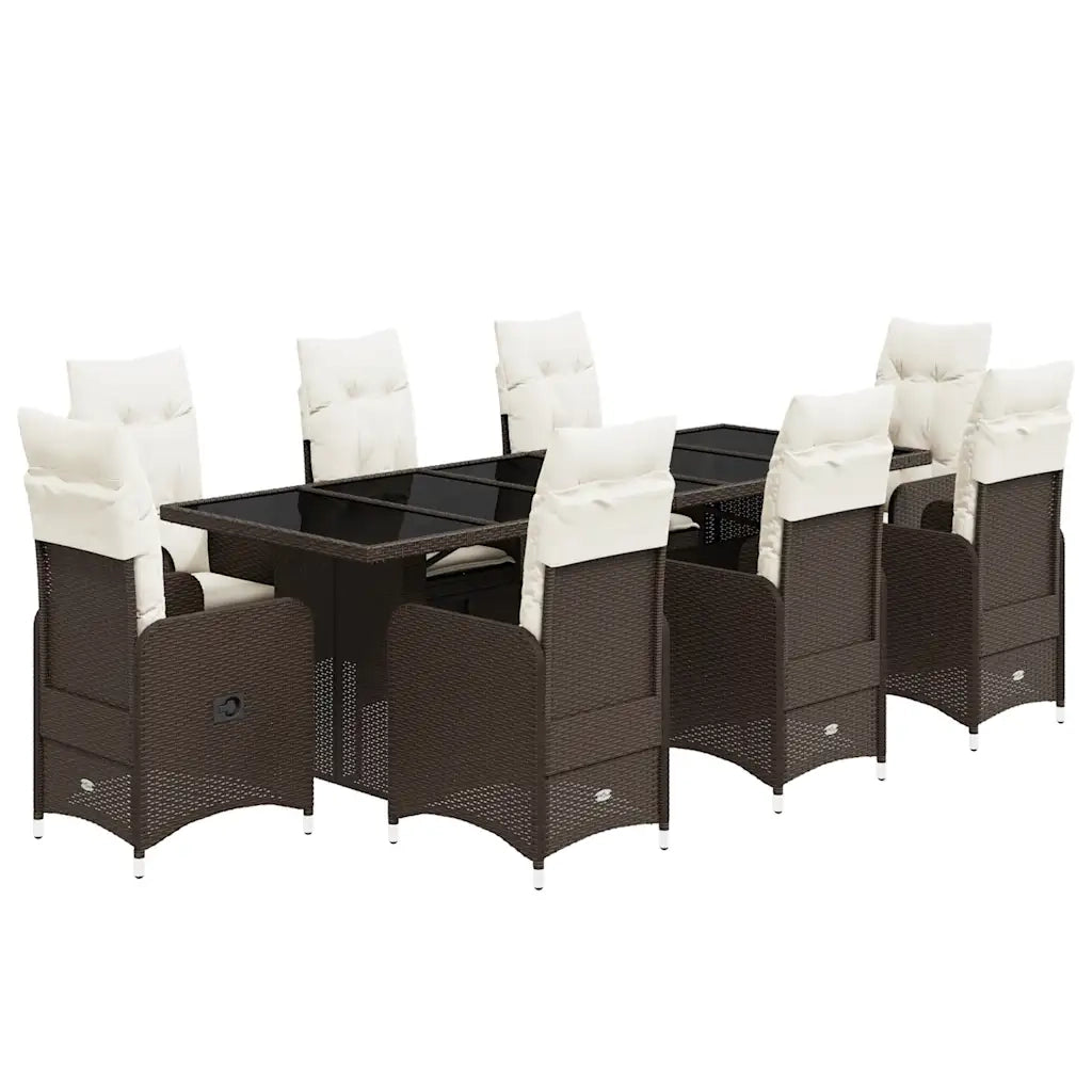 Set Bistrò da Giardino 9 pz con Cuscini in Polyrattan Marrone