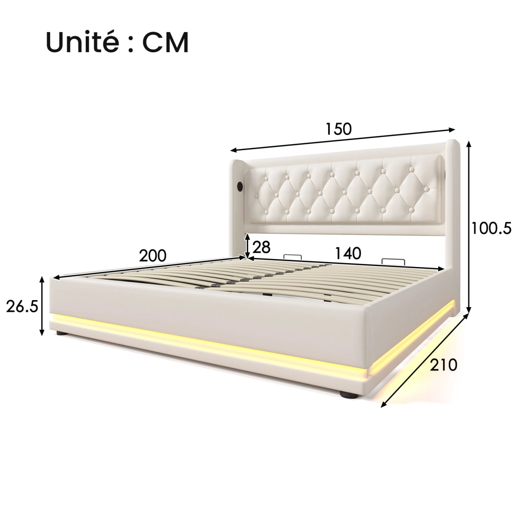 OKWISH Letto Contenitore 140×200 cm, Letto Matrimoniale con Contenitore, USB, Type C e LED Regolabile, senza Materasso, PU, Bianco