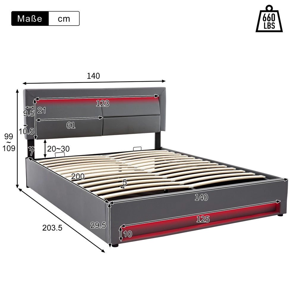 Letto Imbottito Contenitore con LED e USB ¨C MINIMAL ¨C Grigio 140x200