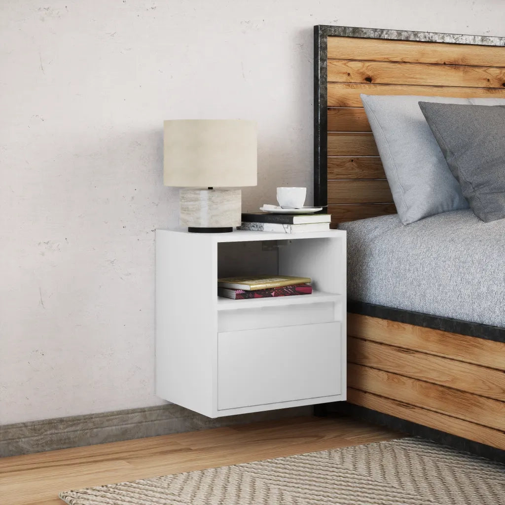 Comodino | Armadio da Notte | Mobiletto da notte a Parete con Luci LED Bianco