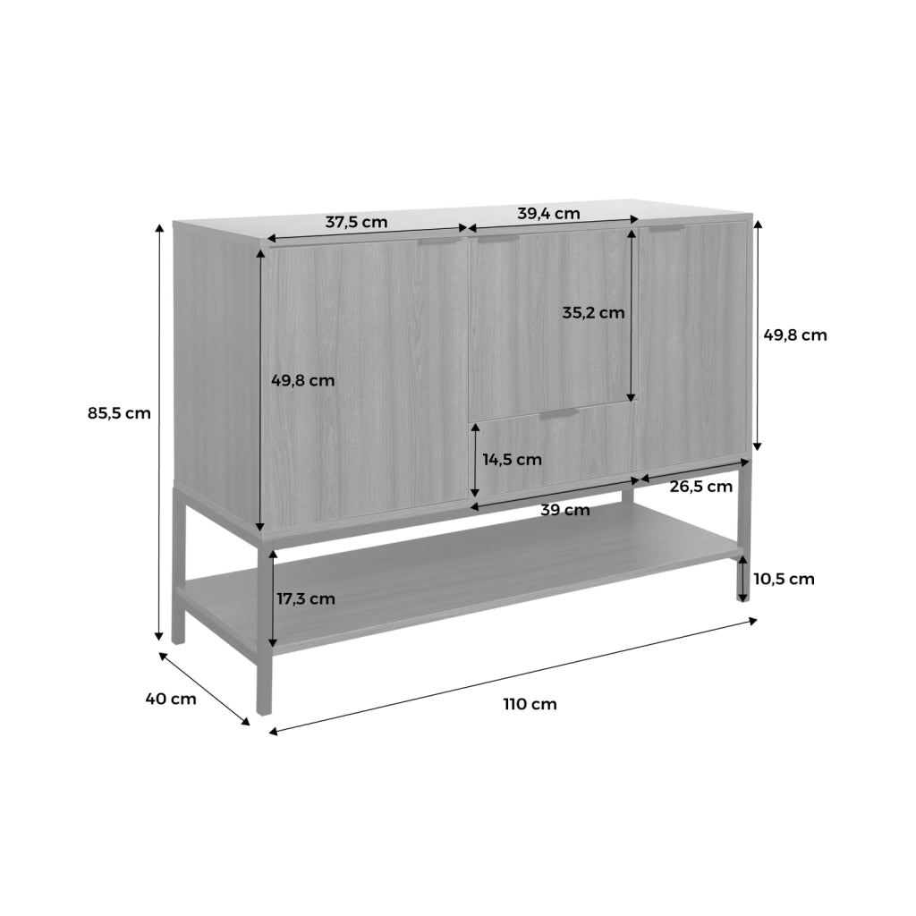Credenza effetto legno tinto noce e metallo a 3 ante, 110cm, noce