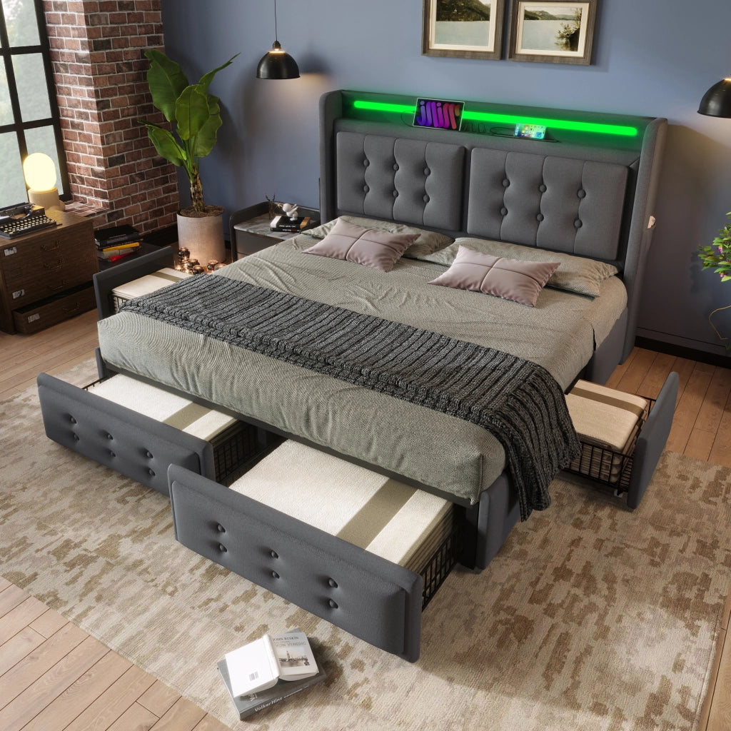 LETTO 160x200 cm con LED, USB/Type-C, 4 cassetti, tessuto grigio
