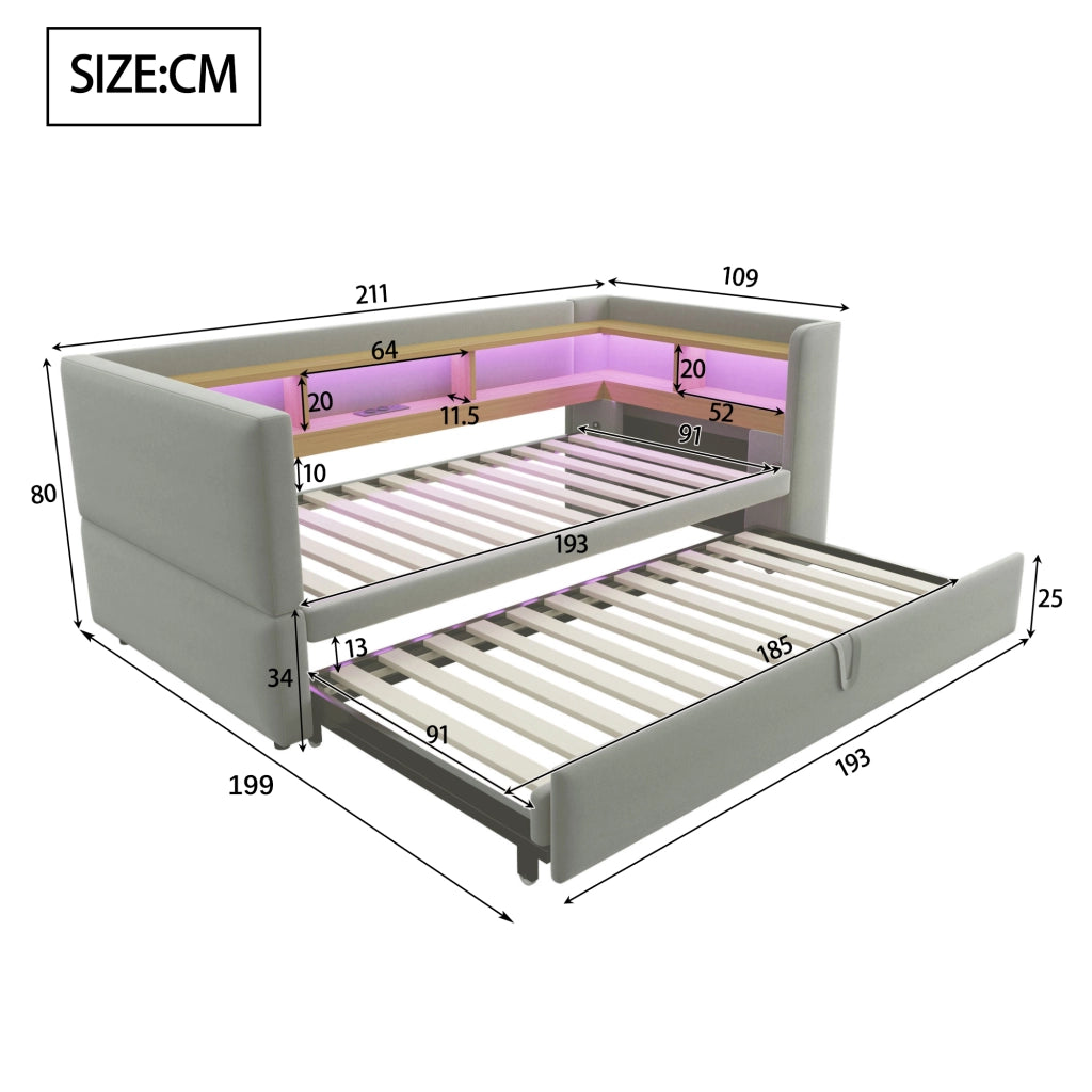 DIVANO LETTO Estraibile 90/180 x 190 cm Grigio Chiaro con LED e prese