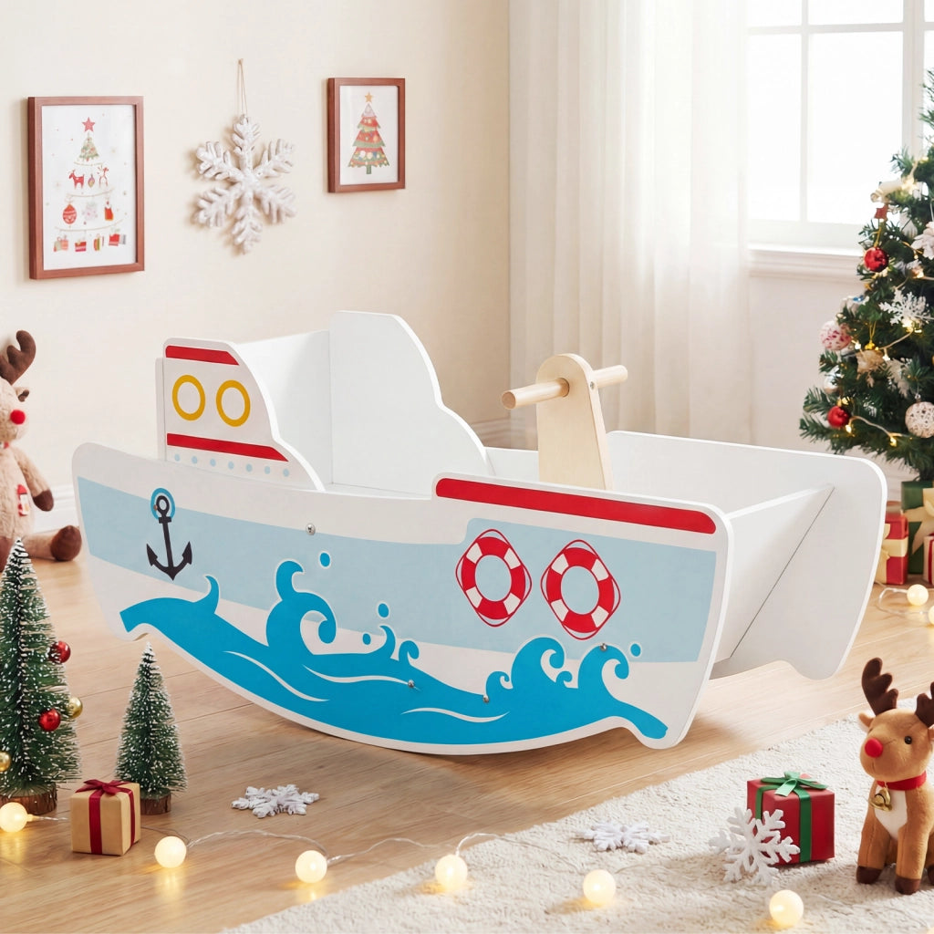 Nave a dondolo in legno nautico per bambini 1-5 anni con manici e movimento 40¡ã, Giocattolo barca interno portata 50 KG