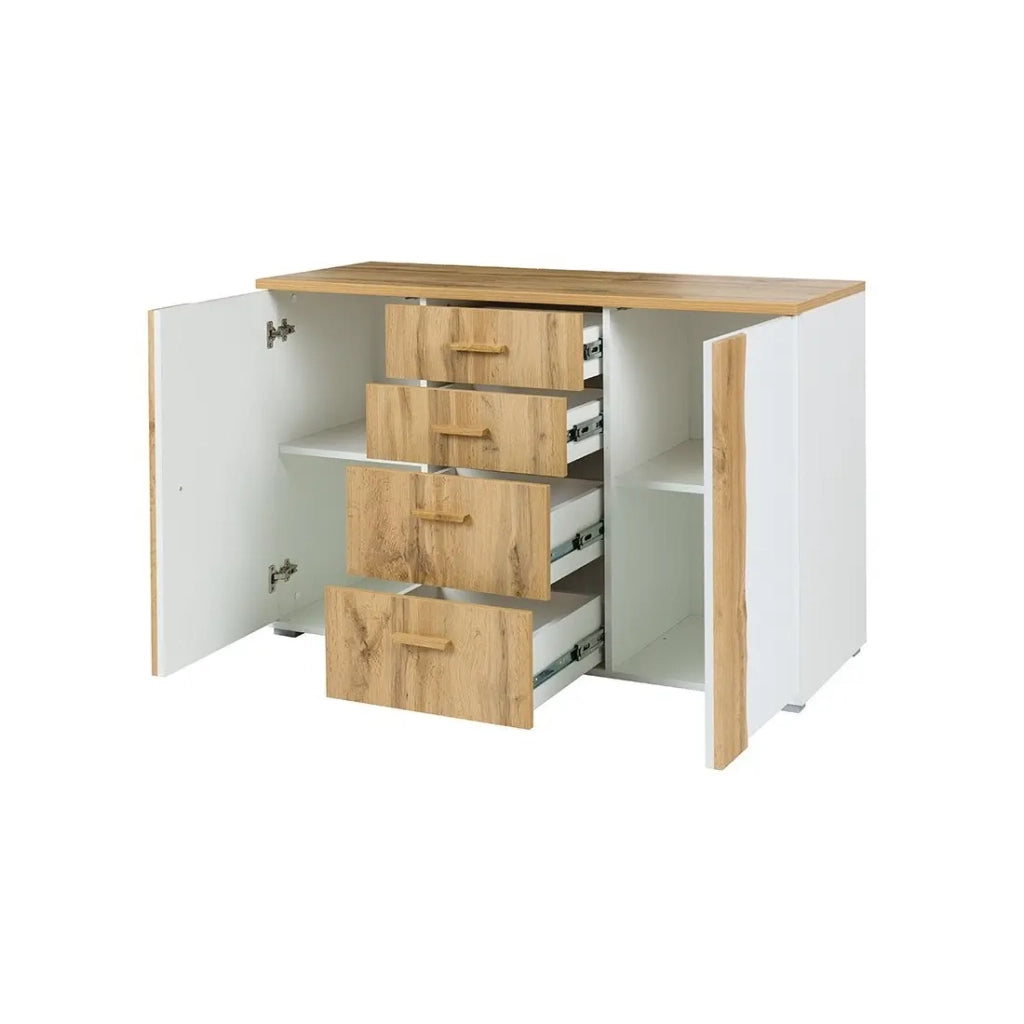 Camera WOOD color noce e bianco con letto 160x200 LED, comò, comodini e armadio