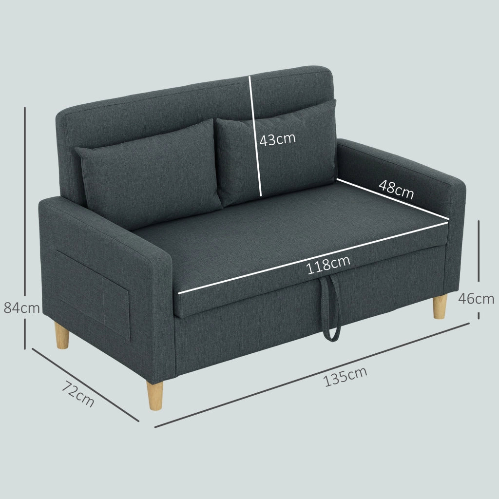 Divano 2 Posti con Cuscini e Spazio Portaoggetti ¨C Zephmum ¨C Tessuto Effetto Lino, Grigio Carbone, 135x72x84 cm