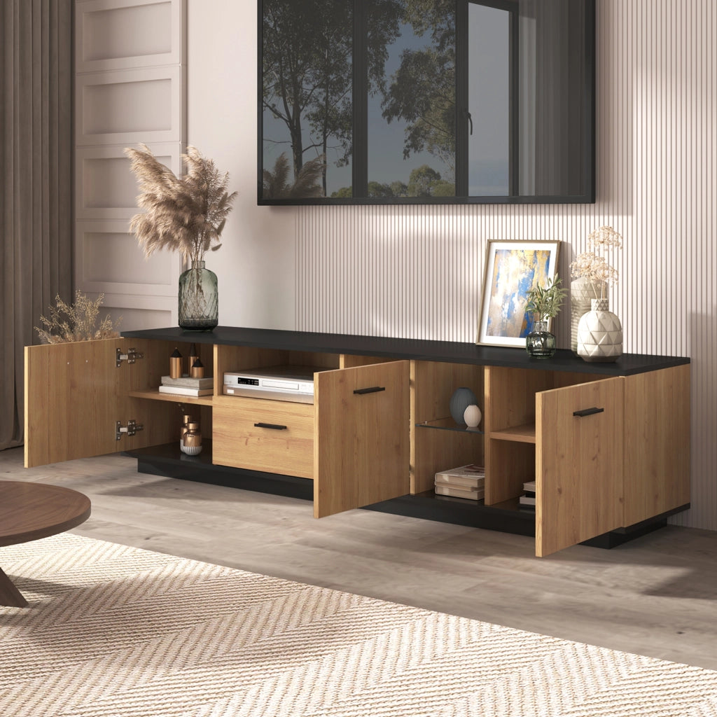 Mobile TV con cassetto e LED - Zephmum- Nero e legno naturale