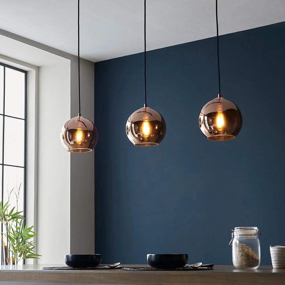 Lampada sospensione lineare rame vetro 3xE27 Endon Boli