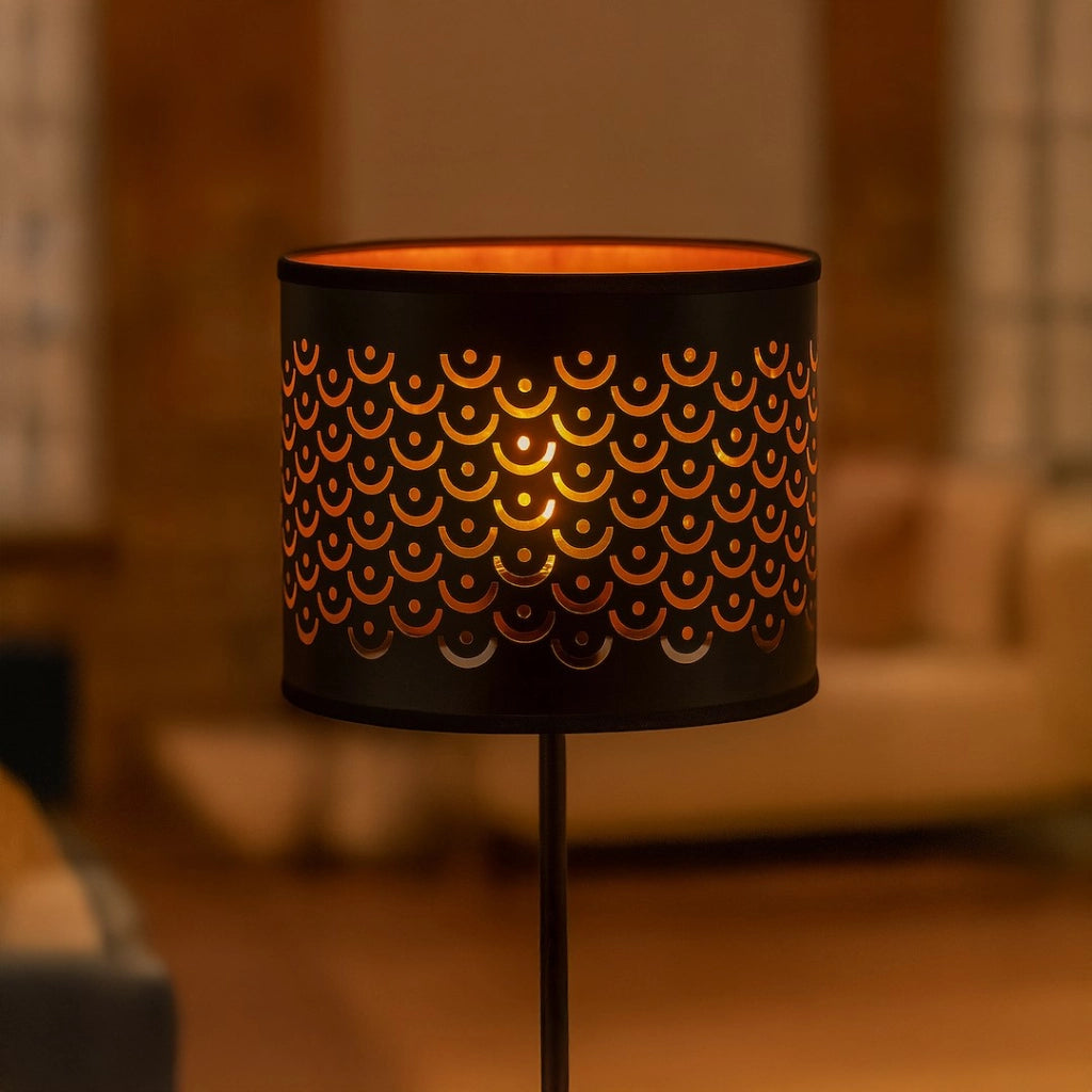 Lampada da terra MORGAN nero-oro, paralume ovale E27