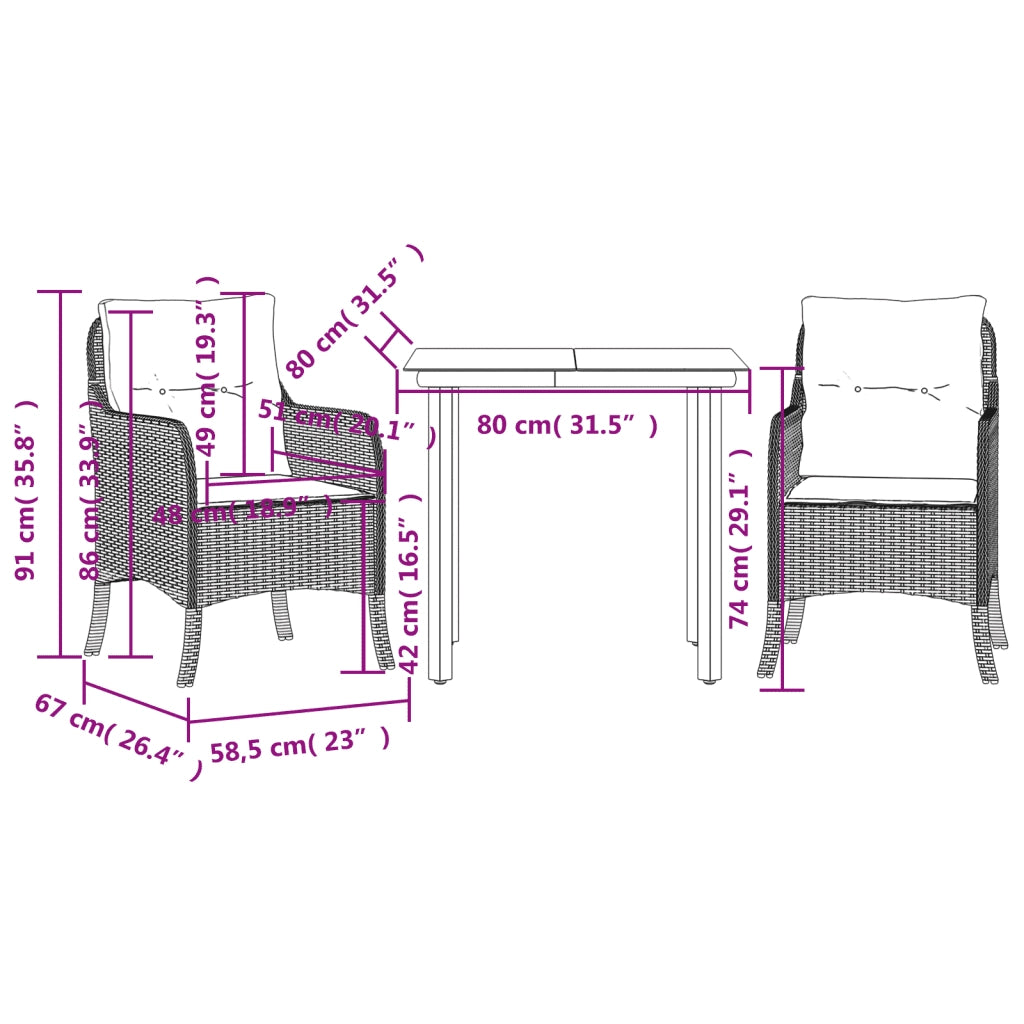 Set da Pranzo da Giardino 3 pz con Cuscini Beige in Polyrattan