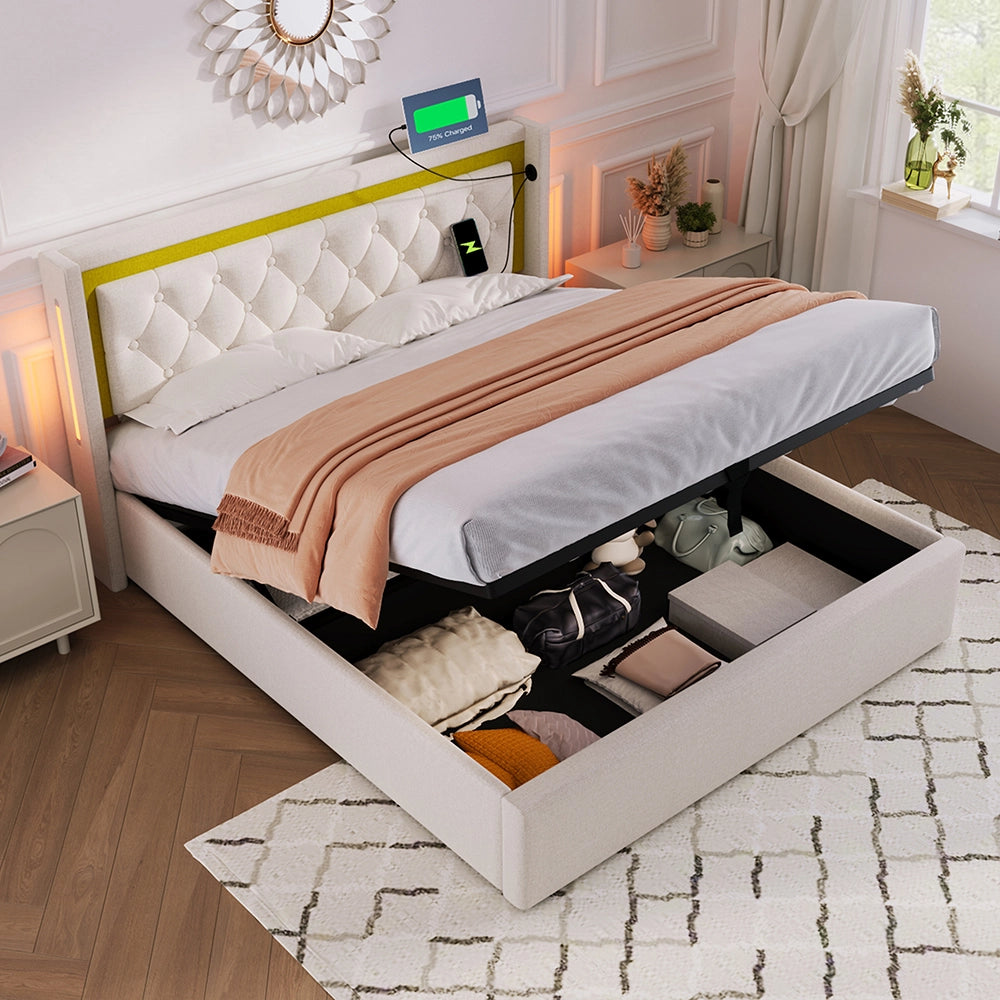 Lit con contenitore LED - Xylo - 140x200 cm Beige - Testiera USB tipo C