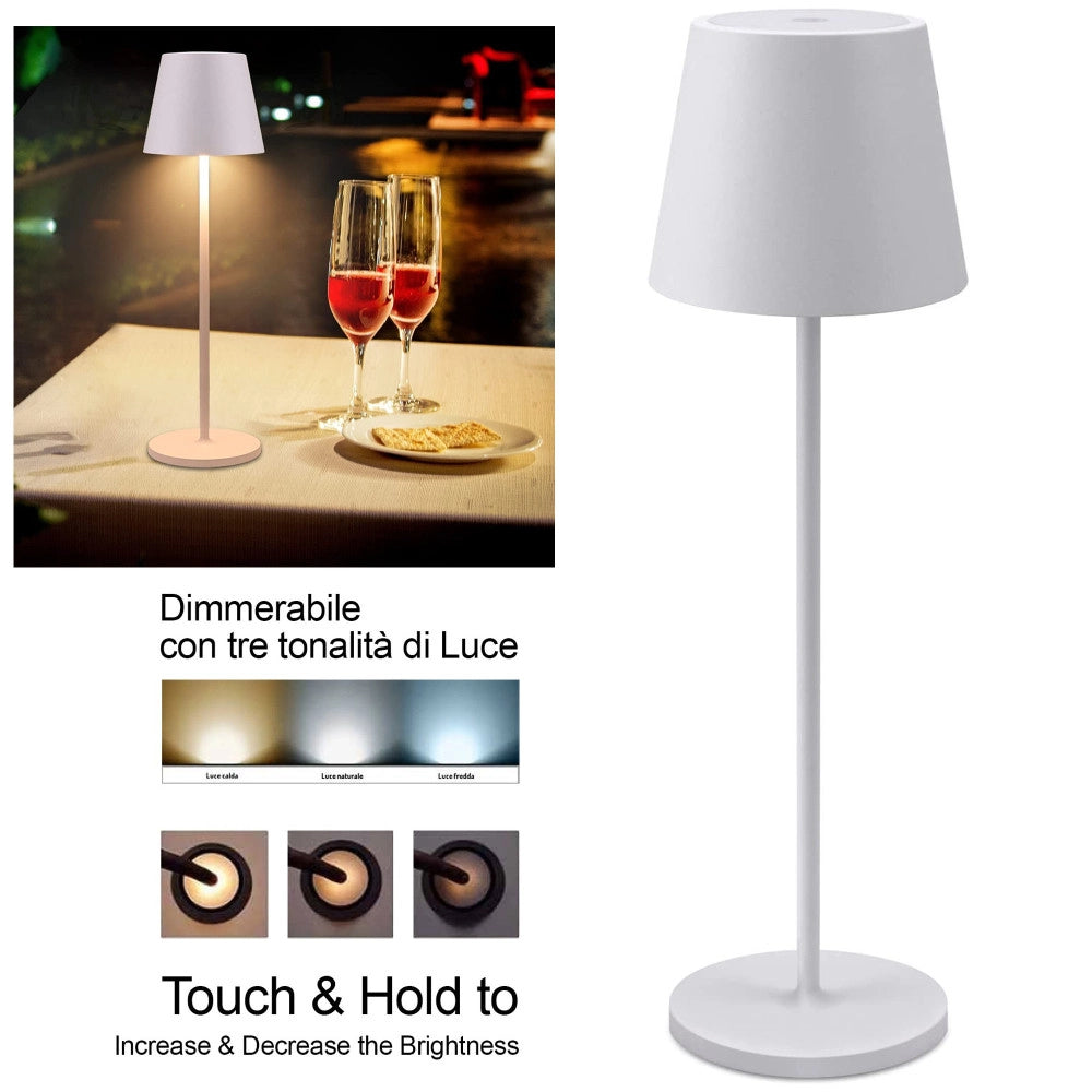 Trade Shop - Lampada Da Tavolo A Led Con Batteria Ricaricabile Touch Dimmerabile 3 Colori Bar - Bianco