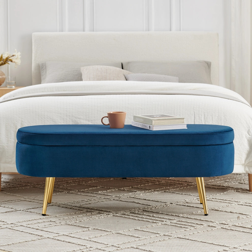 Panca contenitore con Cerniera idraulica e Gambe in metallo in Velluto Blu 111×41.5×24 cm