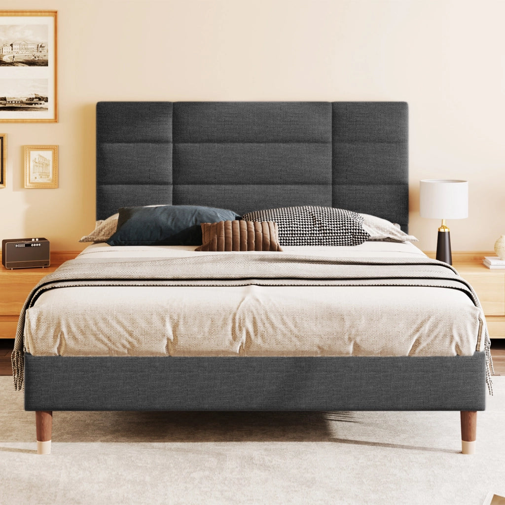 Letto 140x200 cm - Testiera Imbottita e Spazio Sottoletto - in Tessuto - Grigio