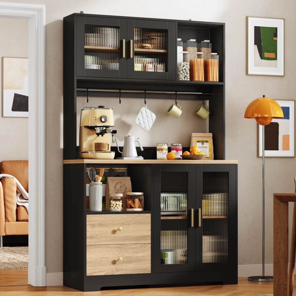 Colonna da cucina con LED prese e USB 4 ante in vetro temperato ripiani regolabili in MDF nero 110 × 40 × 178 cm