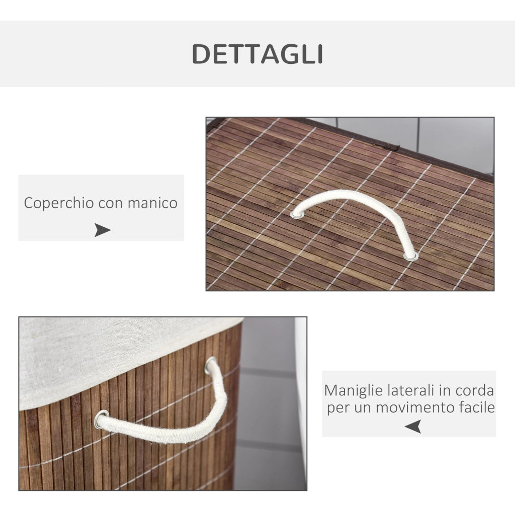 Cesto per Biancheria 2 Scomparti 52x32x63 cm con Coperchio e Maniglie Marrone
