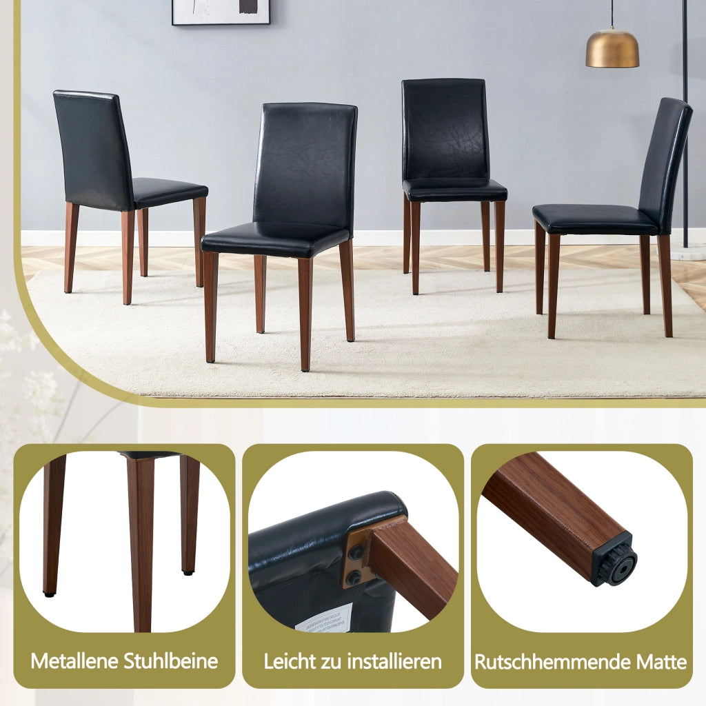 Sedia da pranzo 4 pezzi con schienale ergonomico e gambe in metallo, PU nero e noce