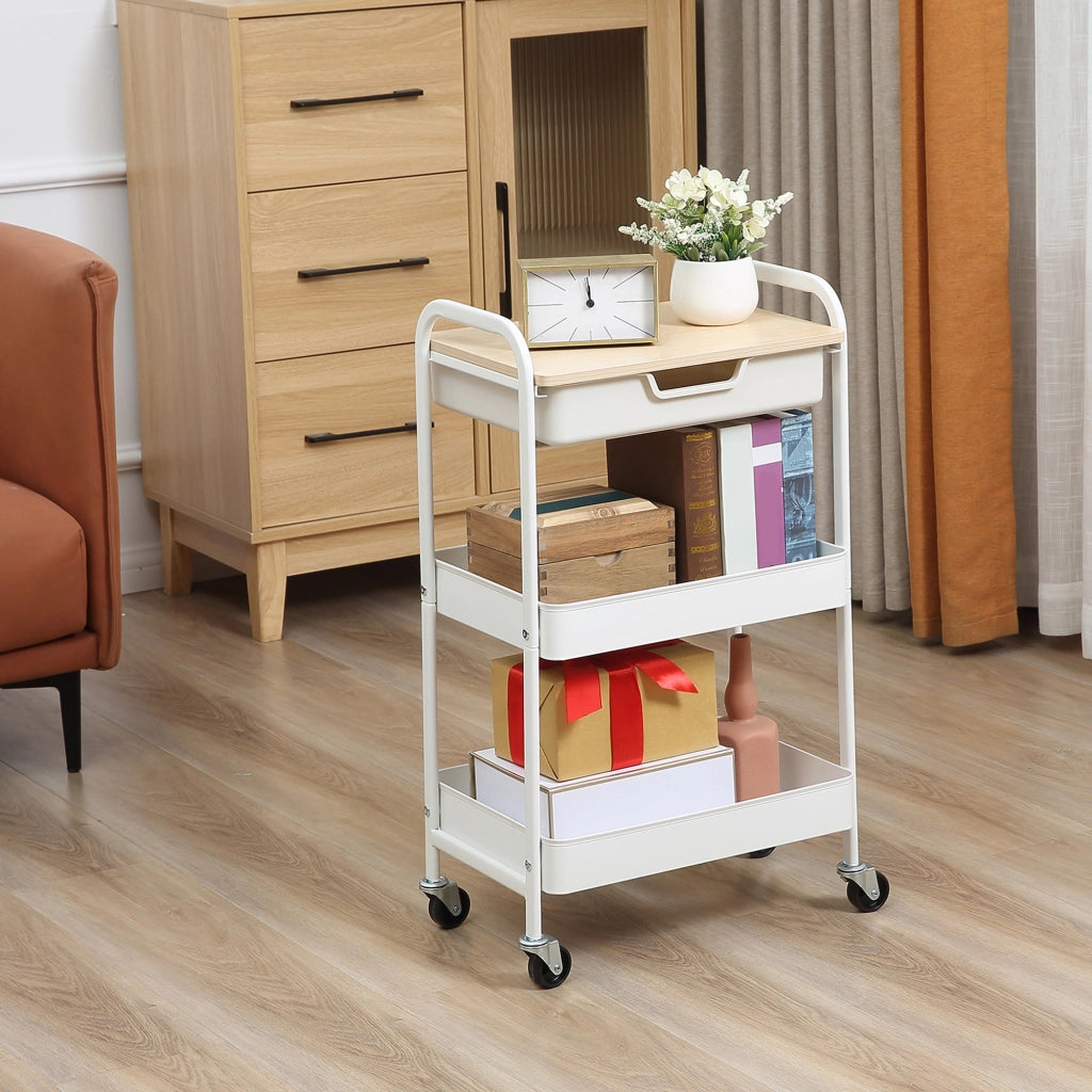 Carrello da cucina con ripiani e cassetto ¨C Zephmum ¨C Bianco, effetto legno chiaro, acciaio