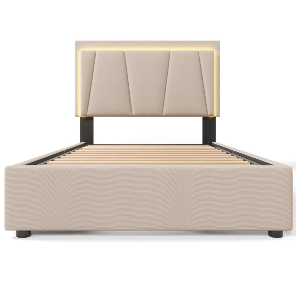 LETTO 90x200 cm Beige con testata regolabile, LED e 2 cassetti