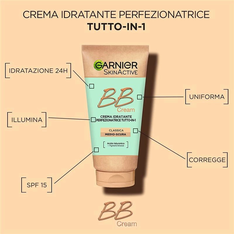 GARNIER SKIN ACTIVE BB CREAM PERFEZIONATRICE TUTTO IN 1 CON ACIDO IALURONICO E ALOE - COLORAZIONE MEDIO SCURA