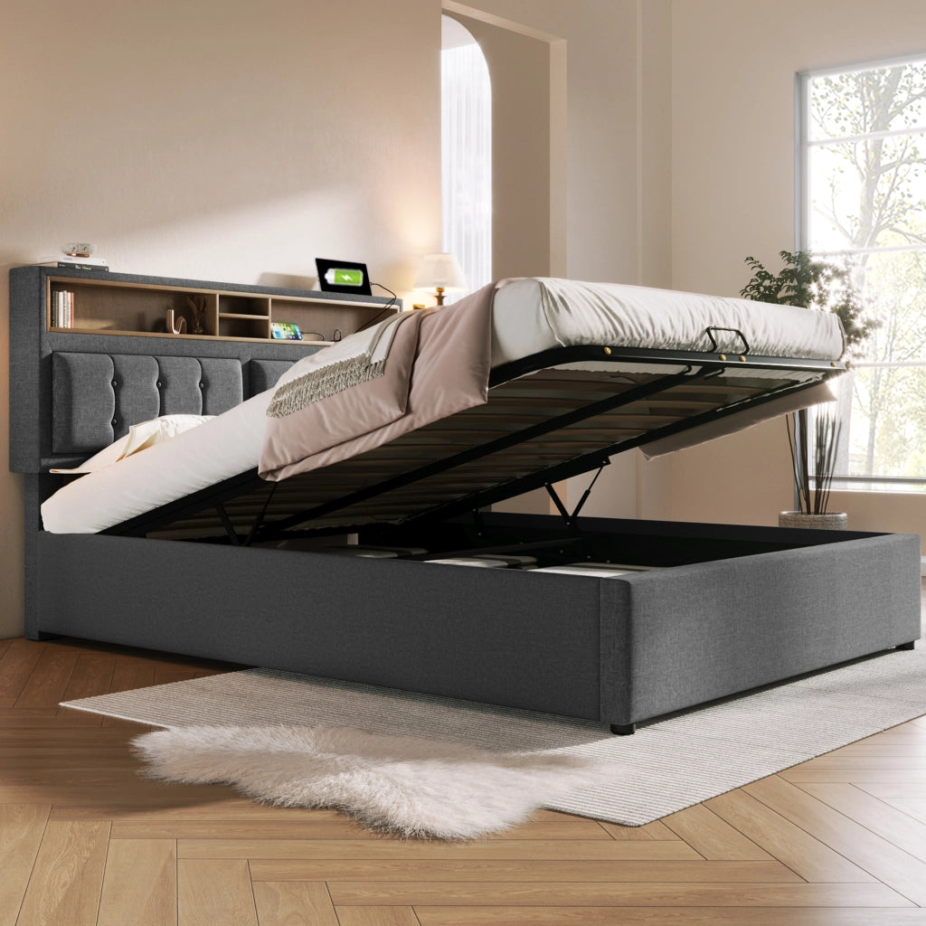 LETTO Imbottito 140x200 cm in Lino Grigio con testiera regolabile e USB