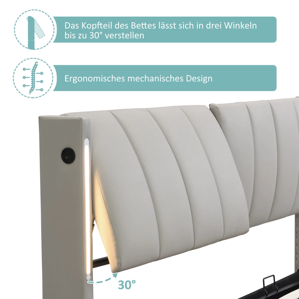 LETTO Imbottito 180x200 cm PU Grigio con LED USB e contenitore
