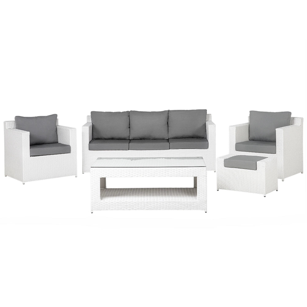 Set divano ad angolo da giardino bianco finto rattan grigio cuscini 6 posti con tavolo ottomana set di conversazione in vimini per esterni