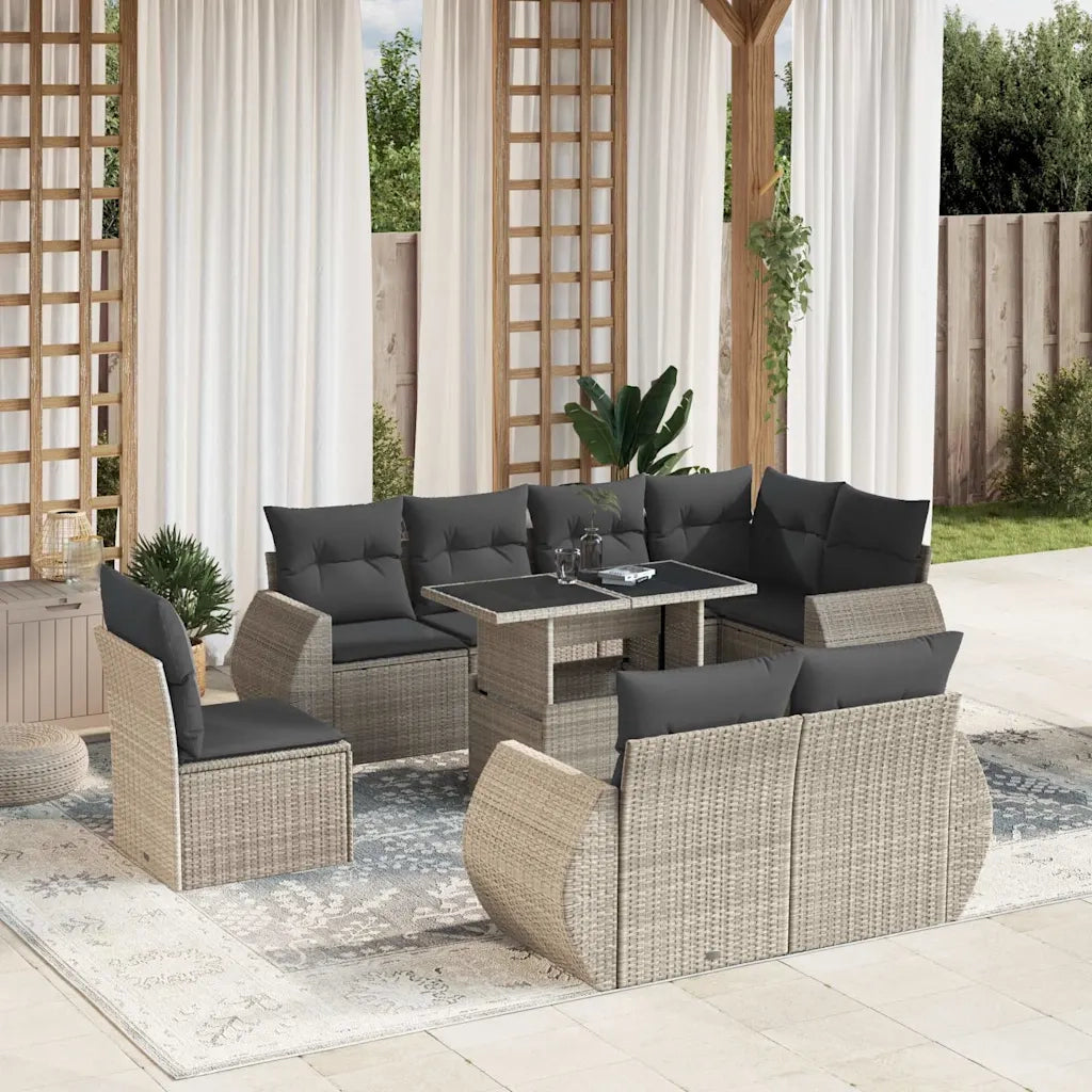 Set Divano da Giardino 9pz con Cuscini Grigio Chiaro Polyrattan 3268672