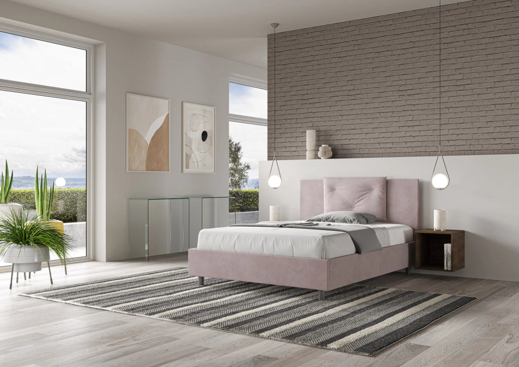 BS COM Letto queen size con rete imbottito 150x190 microfibra glicine