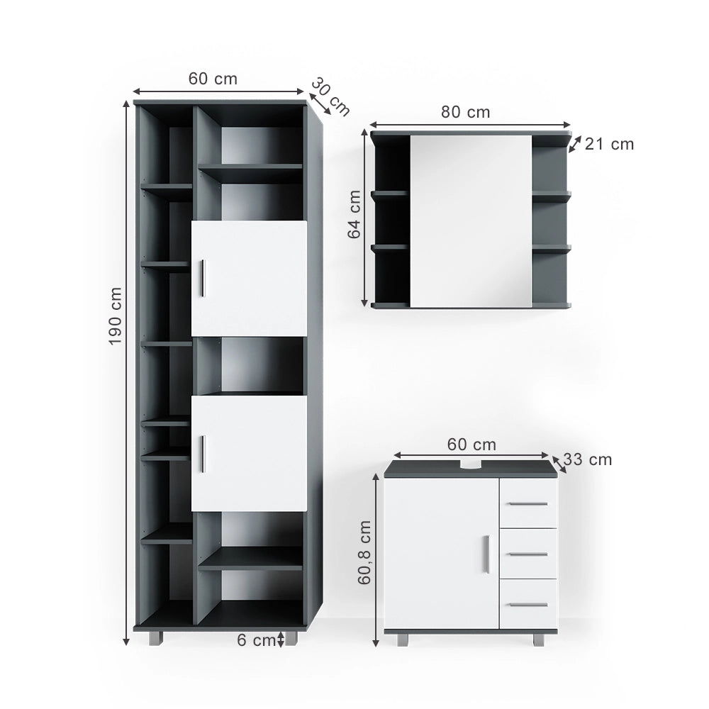Vicco Set mobili bagno Antracite 3 parti, con colonna