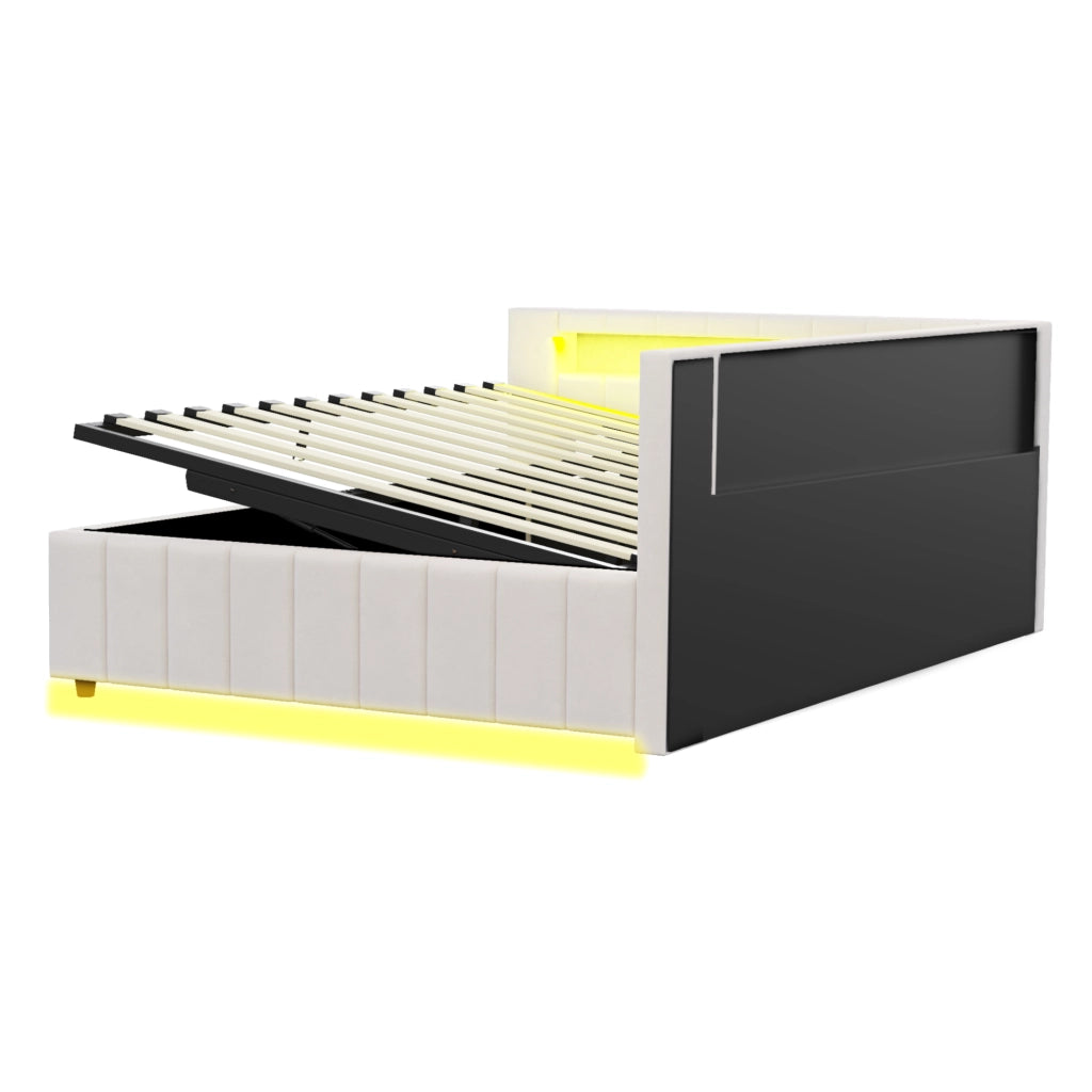 LETTO Contenitore 140x200 cm Imbottito Beige con LED, USB e Schienale