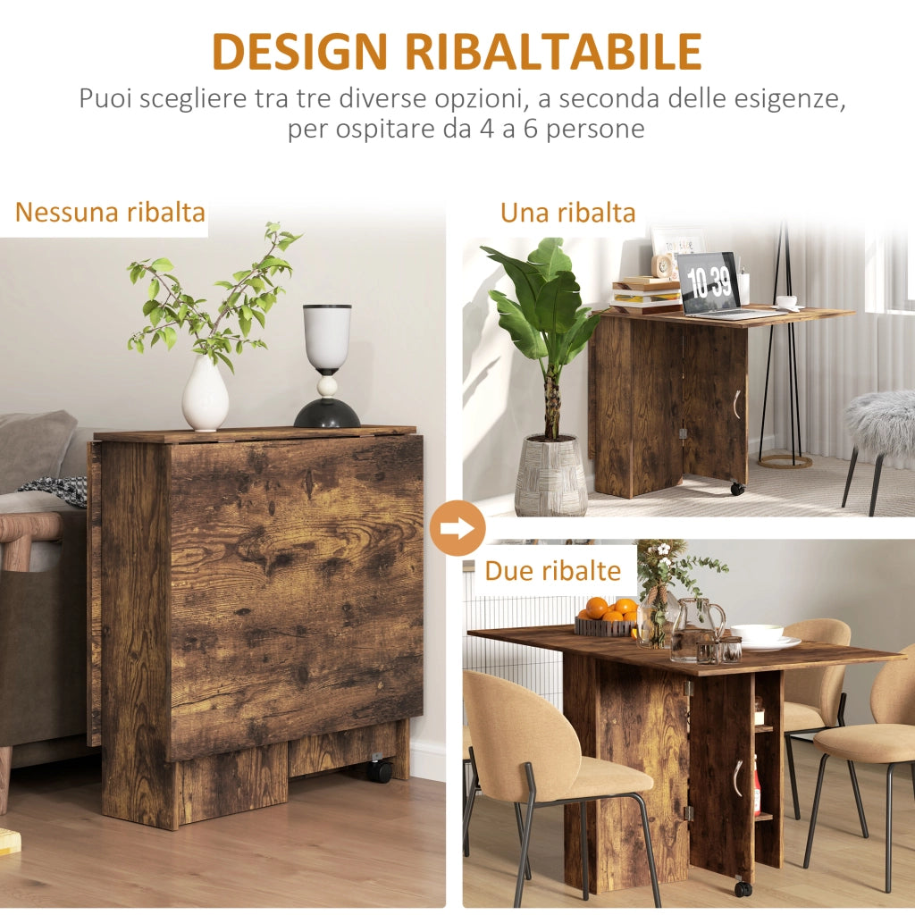 Tavolo da Pranzo Pieghevole a Ribalta 140x75x74 cm per 6 Persone con 2 Ripiani in Melamina Marrone Rustico