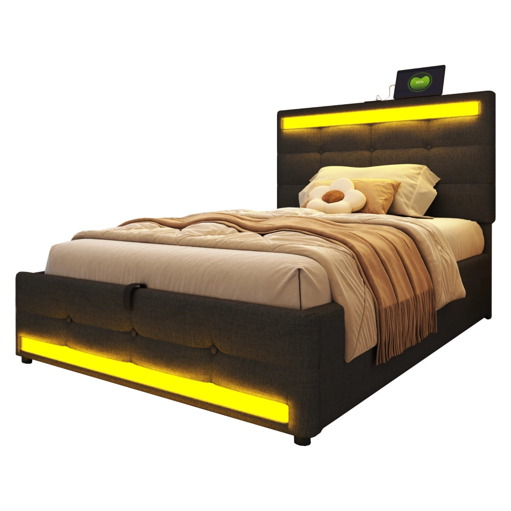 Letto Singolo Contenitore Imbottito con LED e USB ¨C MINIMAL ¨C 90x200, Grigio