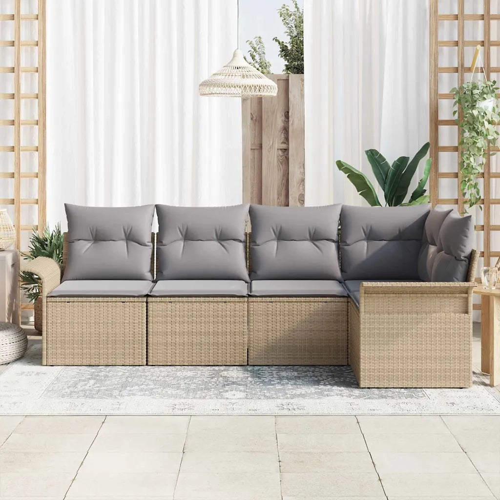 Set Divano da Giardino con cuscino 5 pcs Beige Poly Rattan
