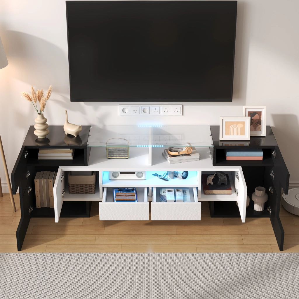 Credenza TV bianco lucido e nero in truciolare 145 cm