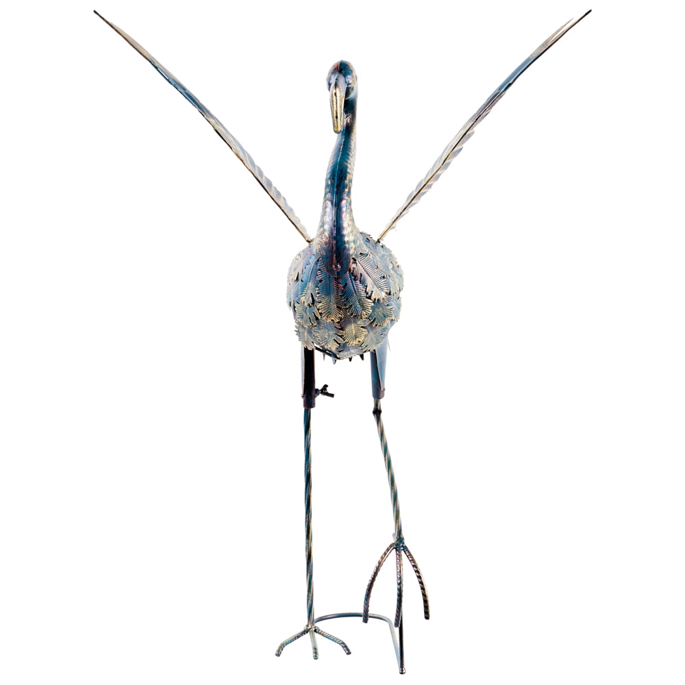 Statua da giardino in ferro blu, scultura di fenicottero a grandezza naturale, realizzata a mano