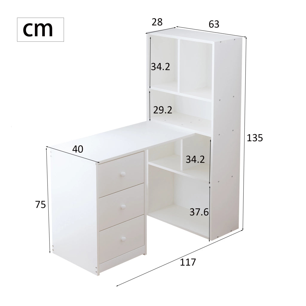 Scrivania angolare con libreria 117 ¡Á 63 ¡Á 135 cm, 4 ripiani e 3 cassetti, bianco