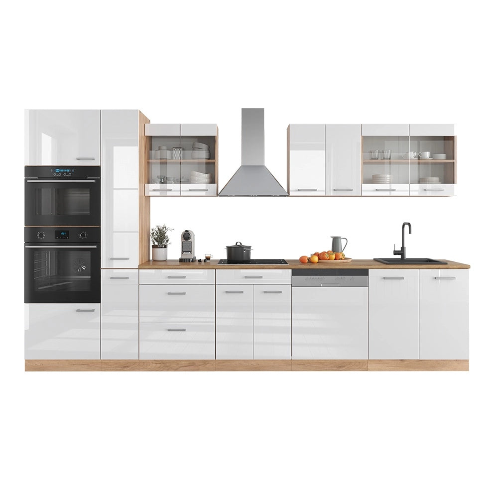 Angolo cottura R-Line Bianco lucido/Rovere dorato 350 cm con armadio alto, PL Rovere Vicco