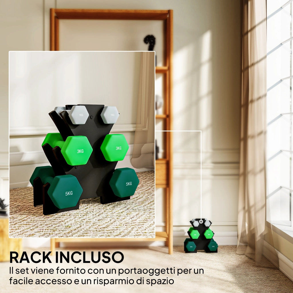 Set Manubri Esagonali 18 kg ¨C Xylo ¨C Con Supporto, Acciaio e Plastica