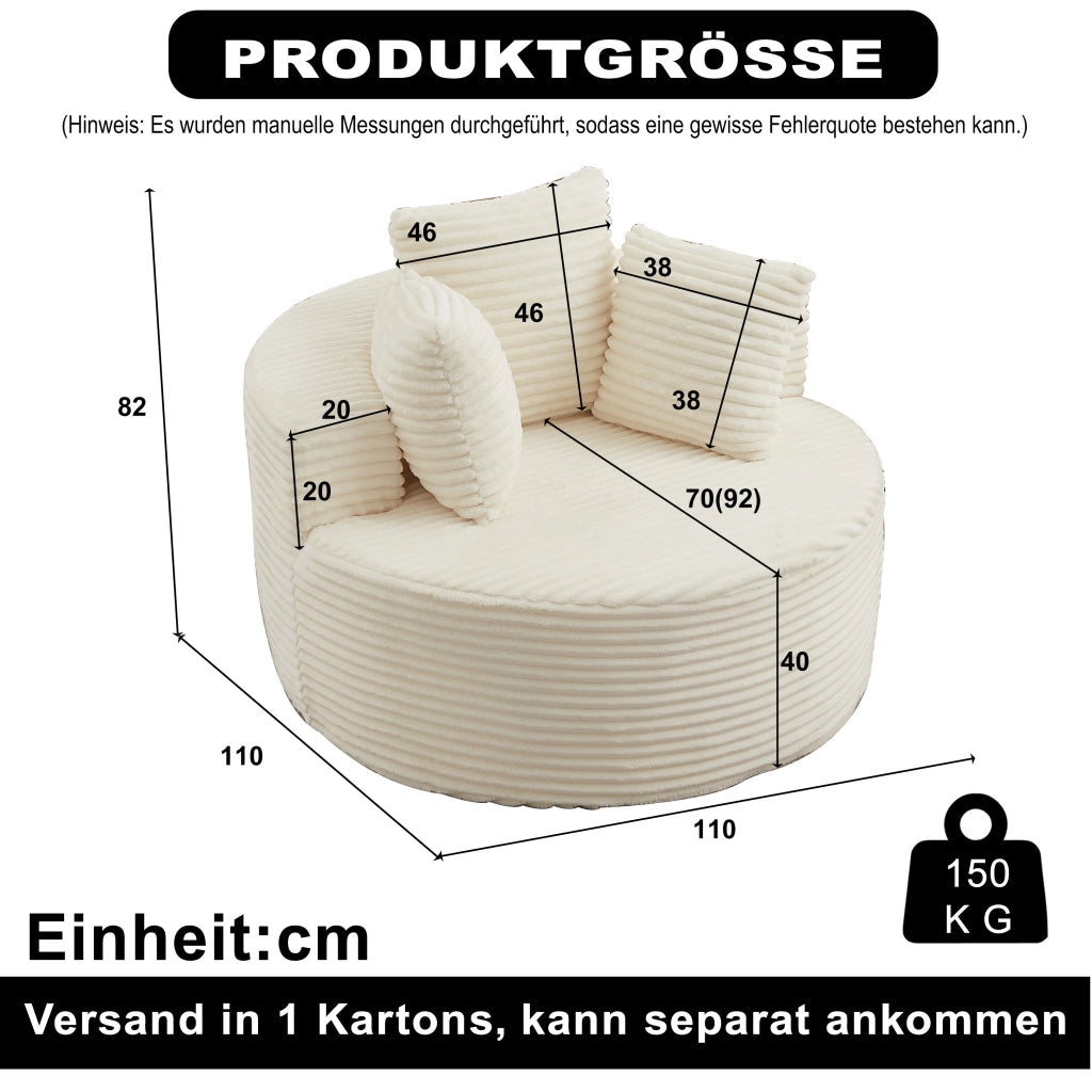 Poltrona a sacco, poltrona con braccioli, diametro 110 cm, velluto a coste, 3 cuscini, beige (non richiede assemblaggio)