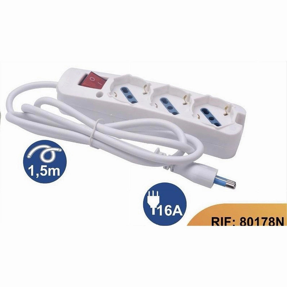 Trade Shop - Multipresa 3 Uscite Universali Interruttore Luminoso Spina 16a Cavo 1.5mt 80178n -