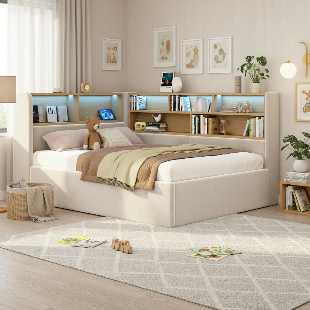 LETTO 90x200 cm con contenitore idraulico in velluto beige, LED, USB e USB-C