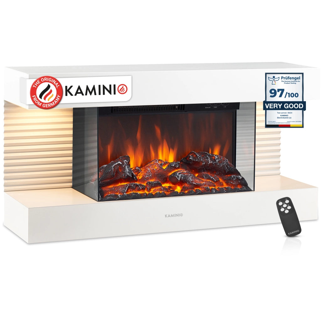 KAMINIO Camino elettrico LIZ - Camino elettrico da parete con riscaldamento, effetto fiamma 3D, luce ambiente a LED, telecomando - Bianco