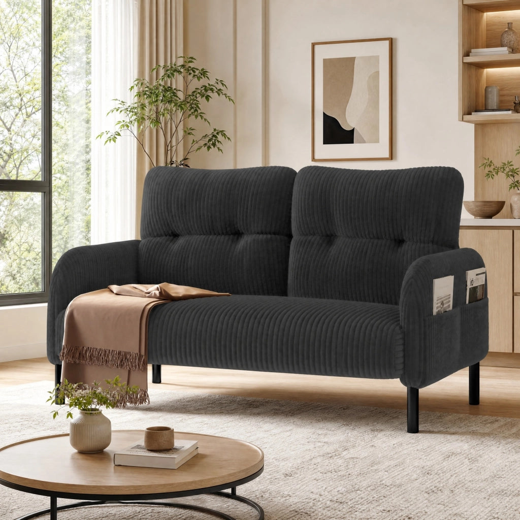 Divano a 2 posti in corduroy grigio 120 x 75 x 79 cm; con tasca laterale e gambe in metallo